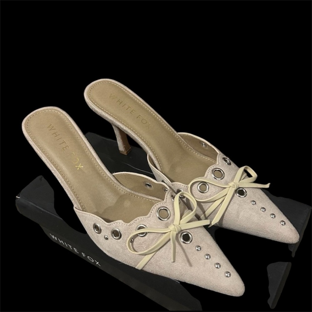 White Fox Boutique Cream Mules with Bow and Studs